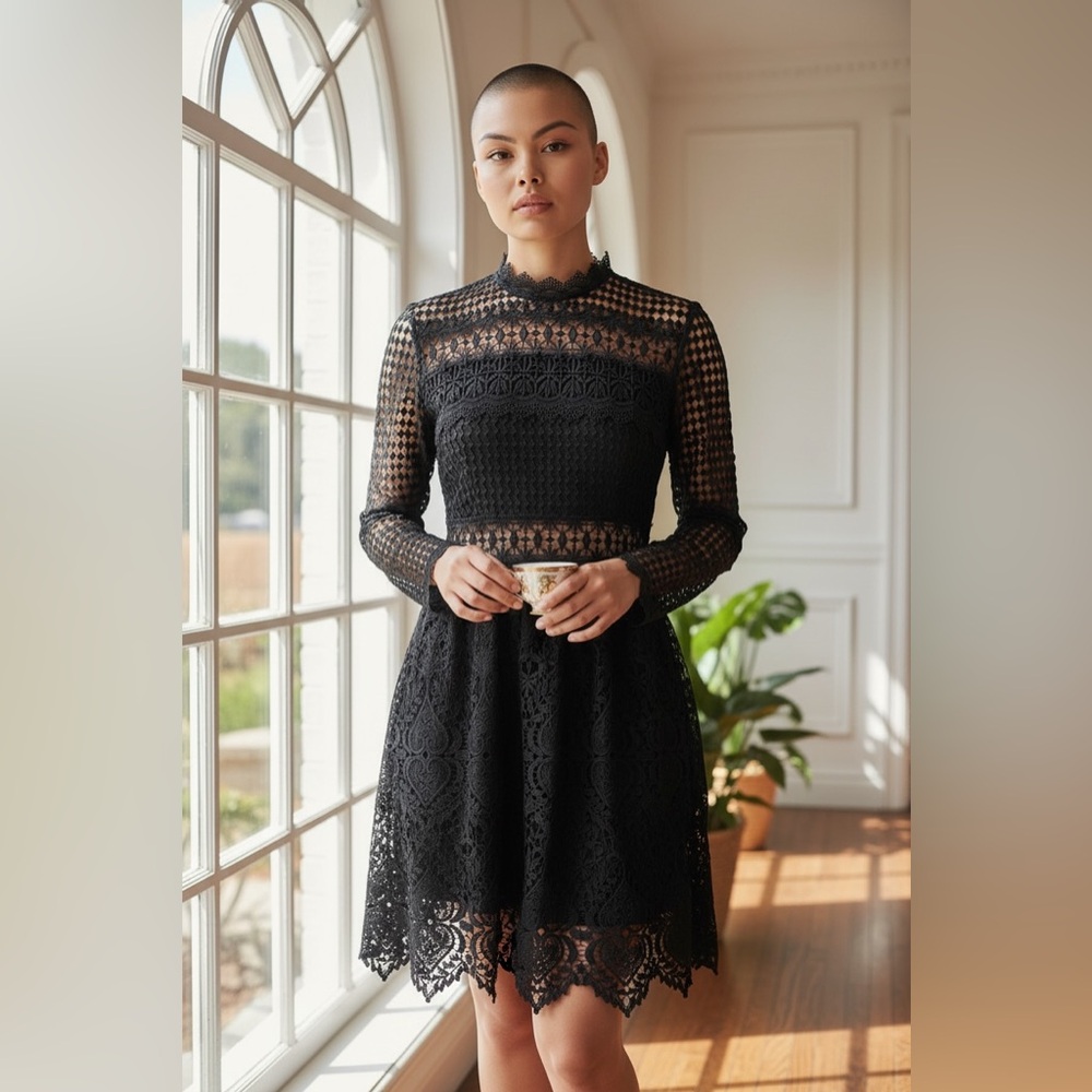 Romeo + Juliet Couture Black Lace Dress | Size M | High Neck Lined Goth Princess